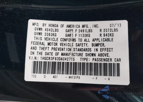 2013 Honda Accord Ex-L V-6 z USA, uszkodzony, nr VIN 1HGCR3F83DA042715